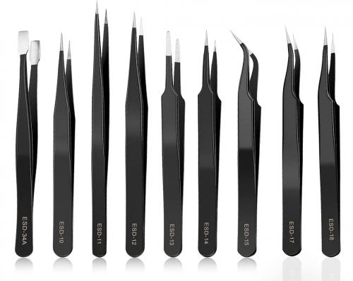 Precision ESD Tweezers Tool Kit Anti-Static Stainless Steel Tweezers Set for Craft Electronics Jewelry Laboratory Work